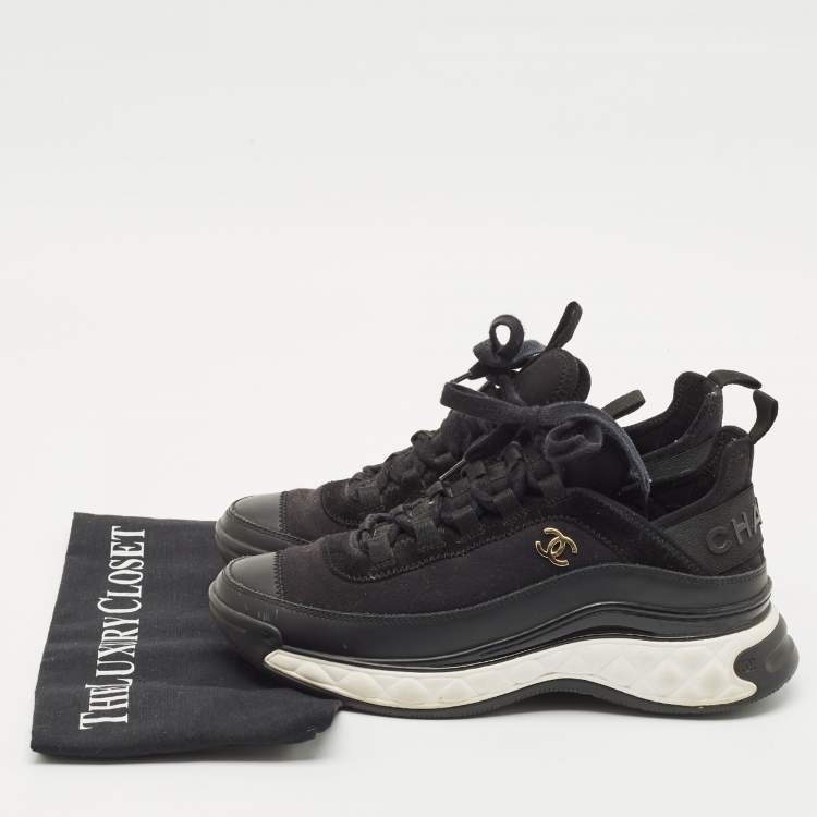 Pre Owned Chanel Black Suede Leather And Fabric CC Lace Up Sneakers Size 38