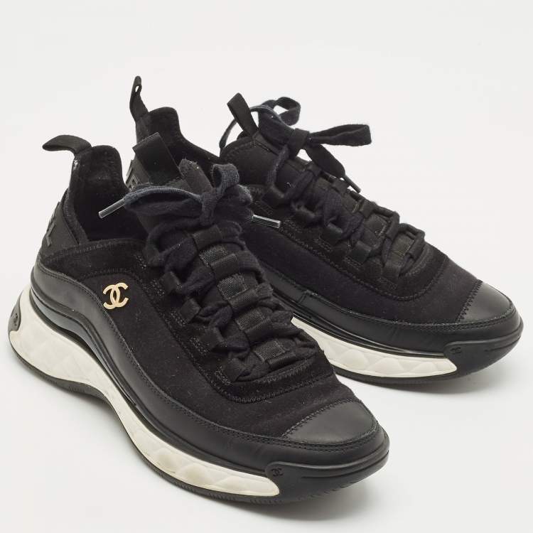Pre Owned Chanel Black Suede Leather And Fabric CC Lace Up Sneakers Size 38