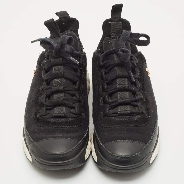 Pre Owned Chanel Black Suede Leather And Fabric CC Lace Up Sneakers Size 38