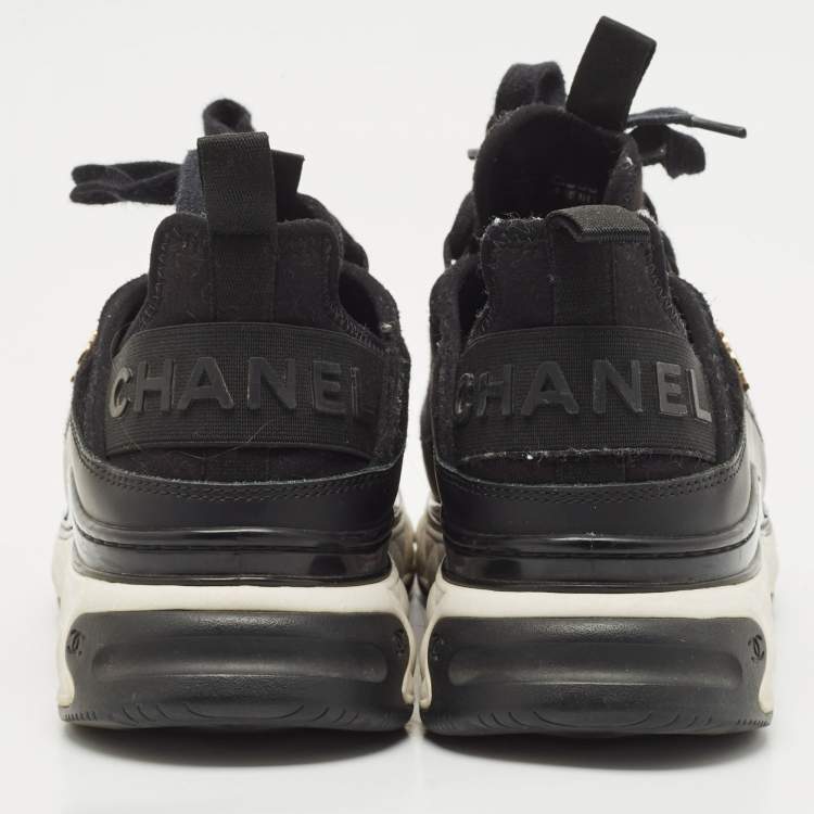 Pre Owned Chanel Black Suede Leather And Fabric CC Lace Up Sneakers Size 38