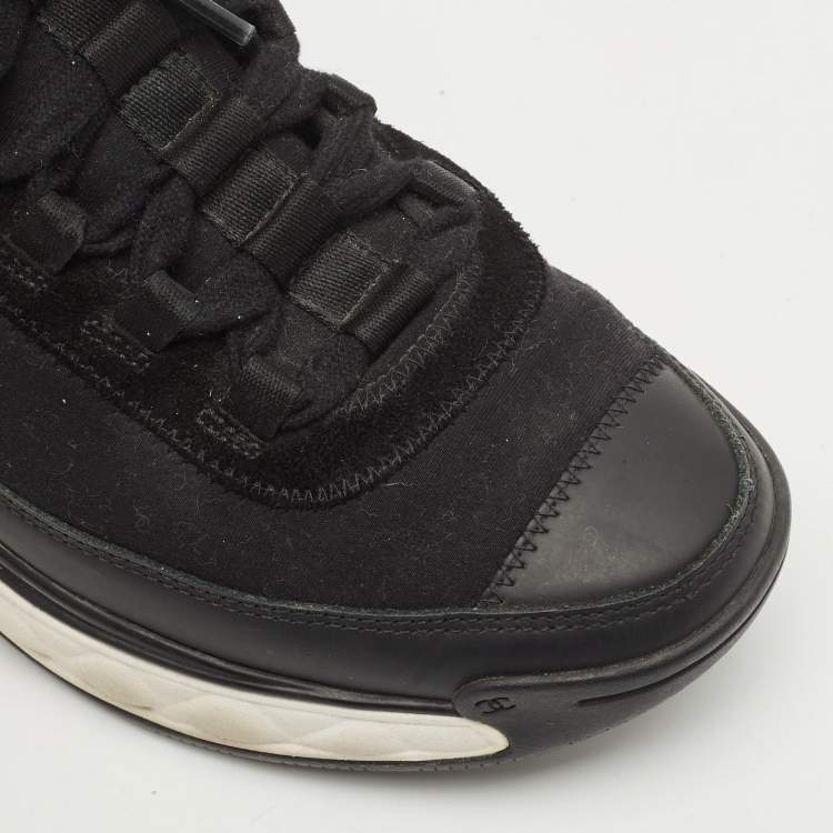 Pre Owned Chanel Black Suede Leather And Fabric CC Lace Up Sneakers Size 38
