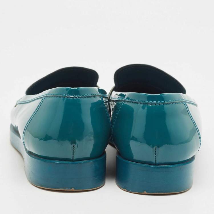 Pre Owned Chanel Teal Green Patent Leather CC Slip On Loafers Size 38.5