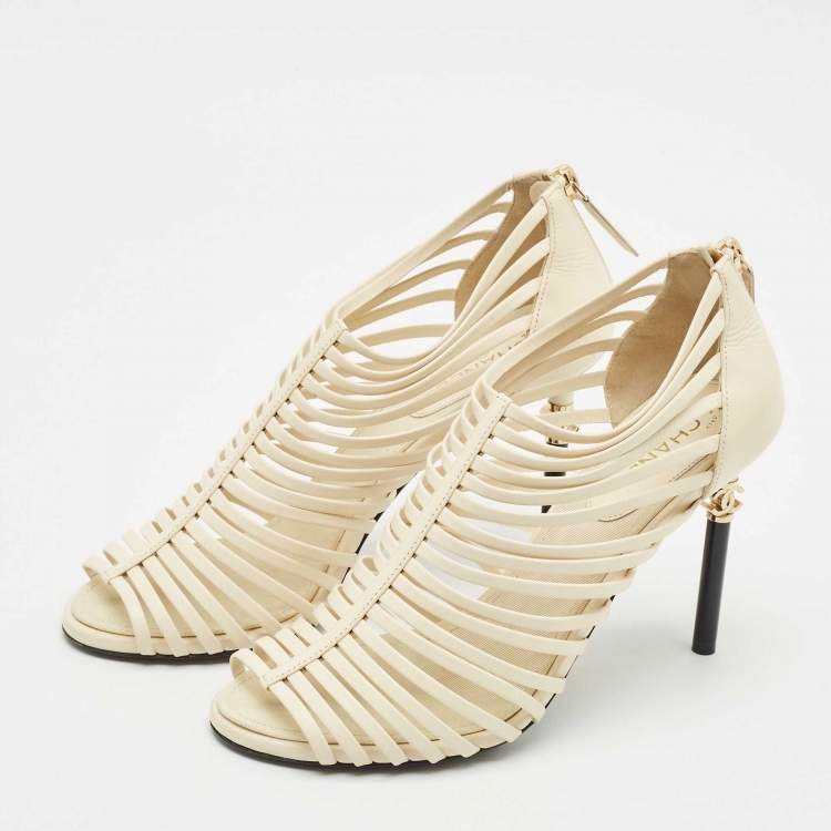 Pre Owned Chanel Off White Leather CC Caged Booties Size 38