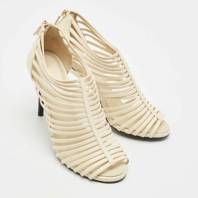 Pre Owned Chanel Off White Leather CC Caged Booties Size 38