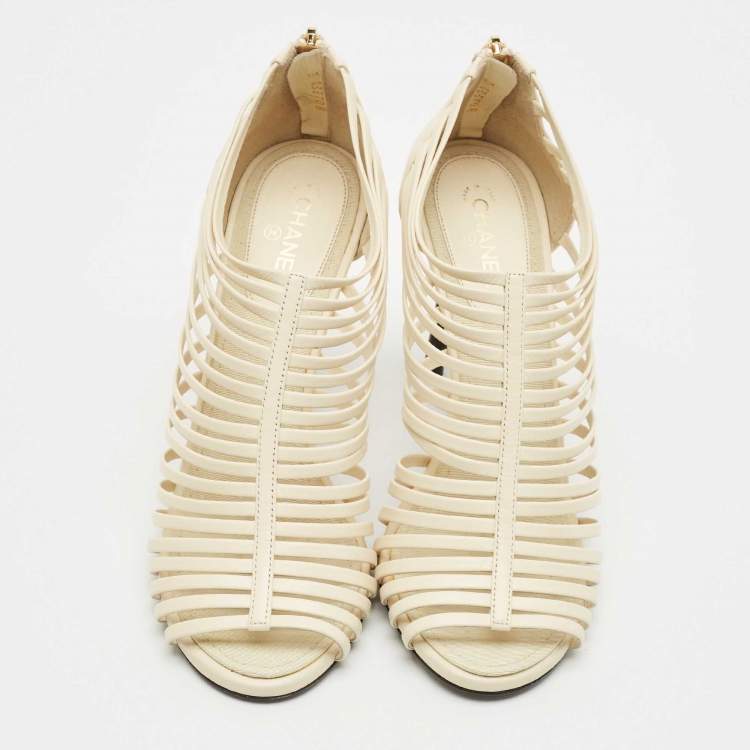 Pre Owned Chanel Off White Leather CC Caged Booties Size 38