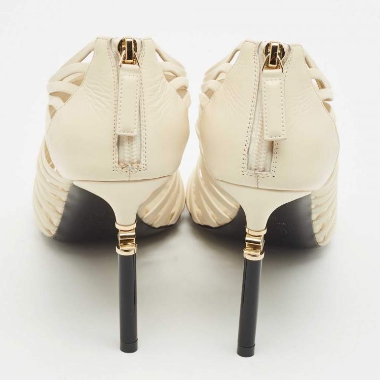 Pre Owned Chanel Off White Leather CC Caged Booties Size 38