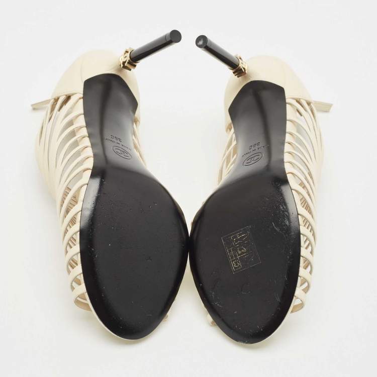 Pre Owned Chanel Off White Leather CC Caged Booties Size 38