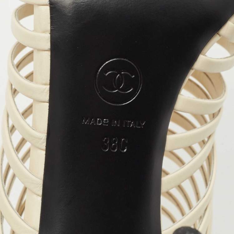 Pre Owned Chanel Off White Leather CC Caged Booties Size 38