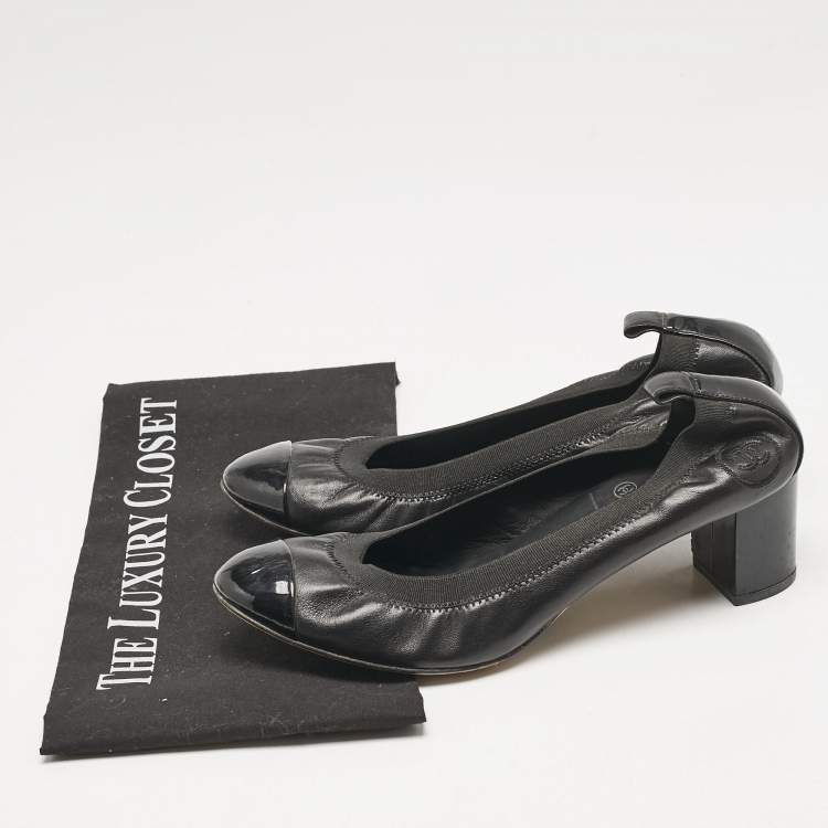 Pre Owned Chanel Black Leather Cap Toe Scrunch Block Heel Pumps Size 39