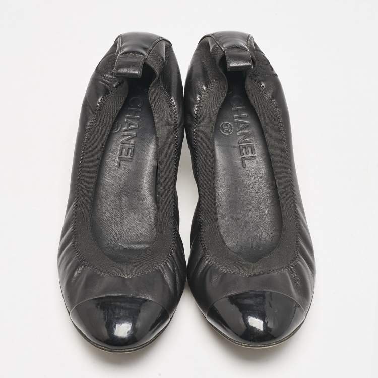 Pre Owned Chanel Black Leather Cap Toe Scrunch Block Heel Pumps Size 39