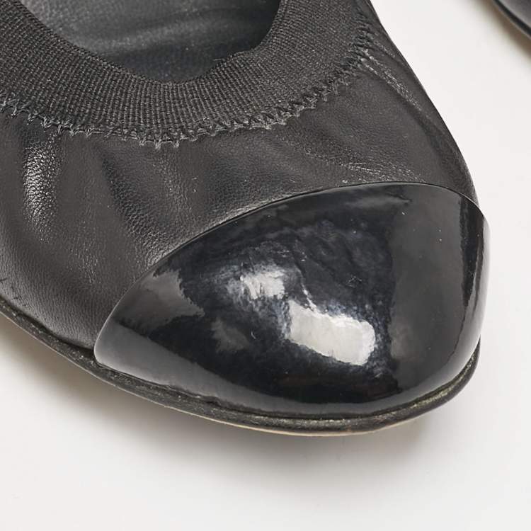 Pre Owned Chanel Black Leather Cap Toe Scrunch Block Heel Pumps Size 39