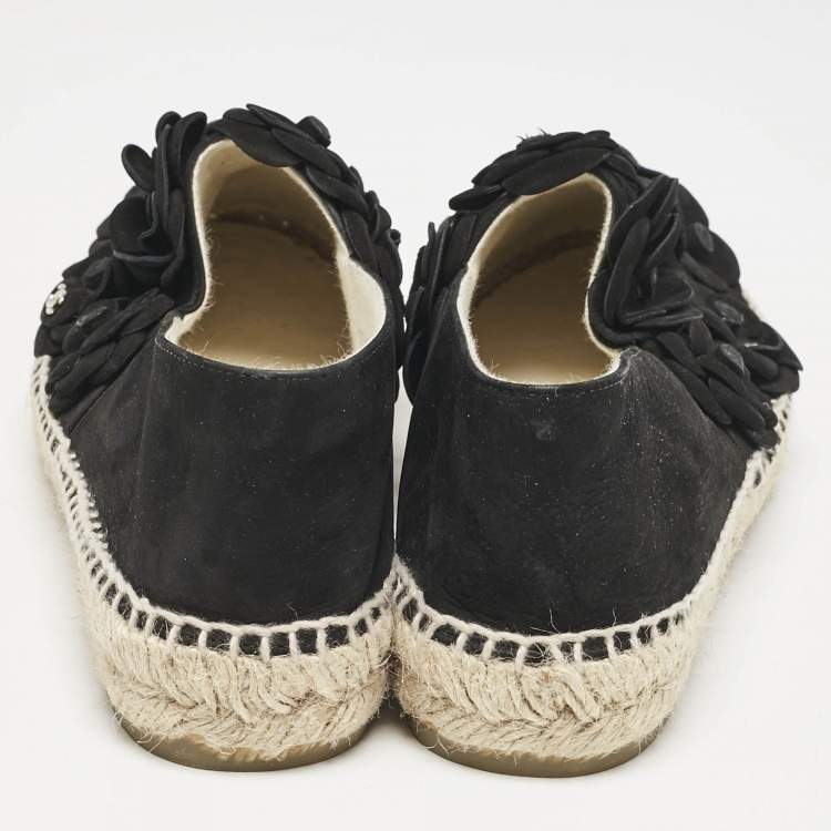 Pre Owned Chanel Black Nubuck Leather CC Camelia Applique Espadrille Flats Size 39
