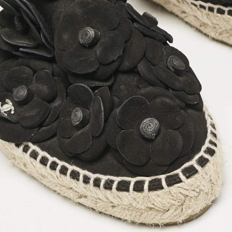 Pre Owned Chanel Black Nubuck Leather CC Camelia Applique Espadrille Flats Size 39