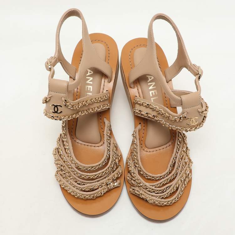 Pre Owned Chanel Beige Leather Chain Embellished Wedge Sandals Size 37