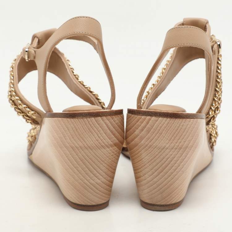 Pre Owned Chanel Beige Leather Chain Embellished Wedge Sandals Size 37