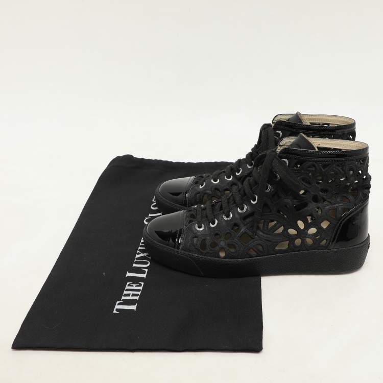 Pre Owned Chanel Black Cut Out Leather CC Cap Toe High Top Sneakers Size 36.5