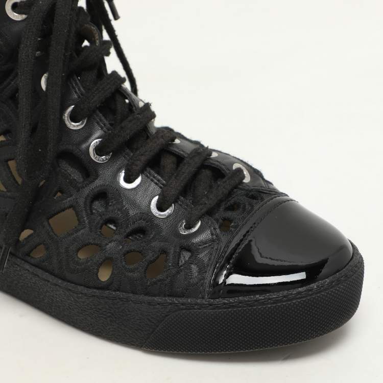 Pre Owned Chanel Black Cut Out Leather CC Cap Toe High Top Sneakers Size 36.5