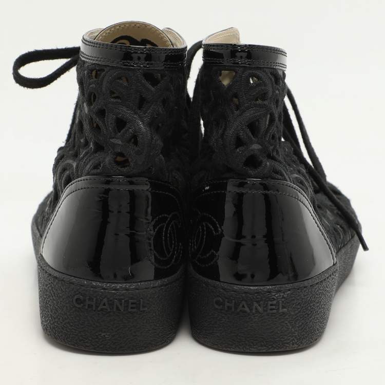 Pre Owned Chanel Black Cut Out Leather CC Cap Toe High Top Sneakers Size 36.5