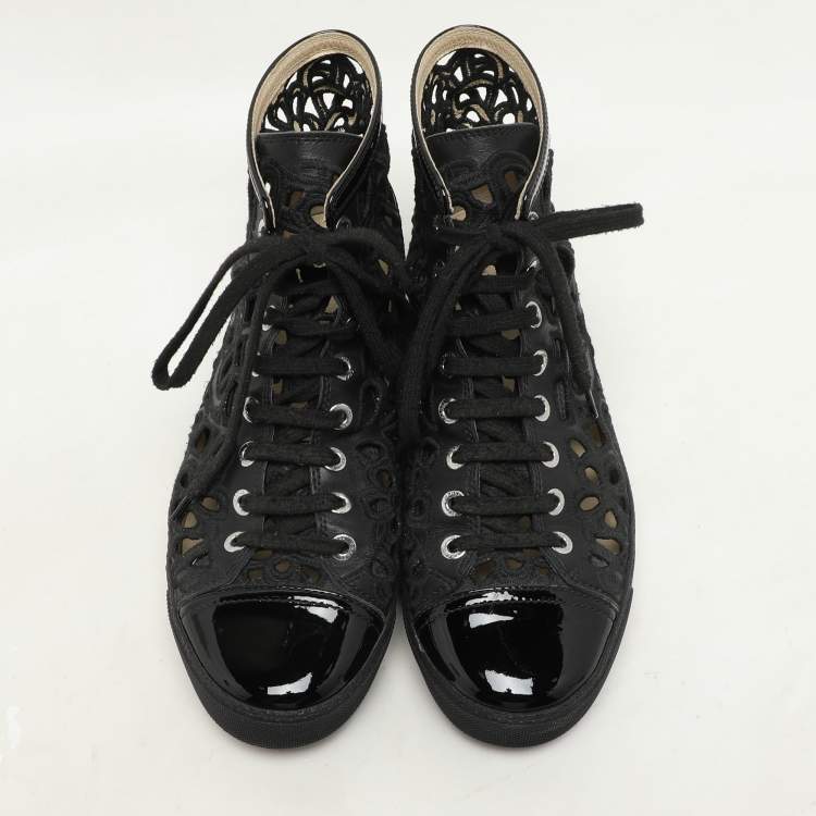 Pre Owned Chanel Black Cut Out Leather CC Cap Toe High Top Sneakers Size 36.5