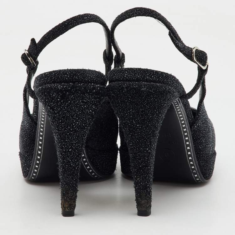 Pre Owned Chanel Black/Grey Glitter CC Cap Toe Slingback Platform Pumps Size 39.5