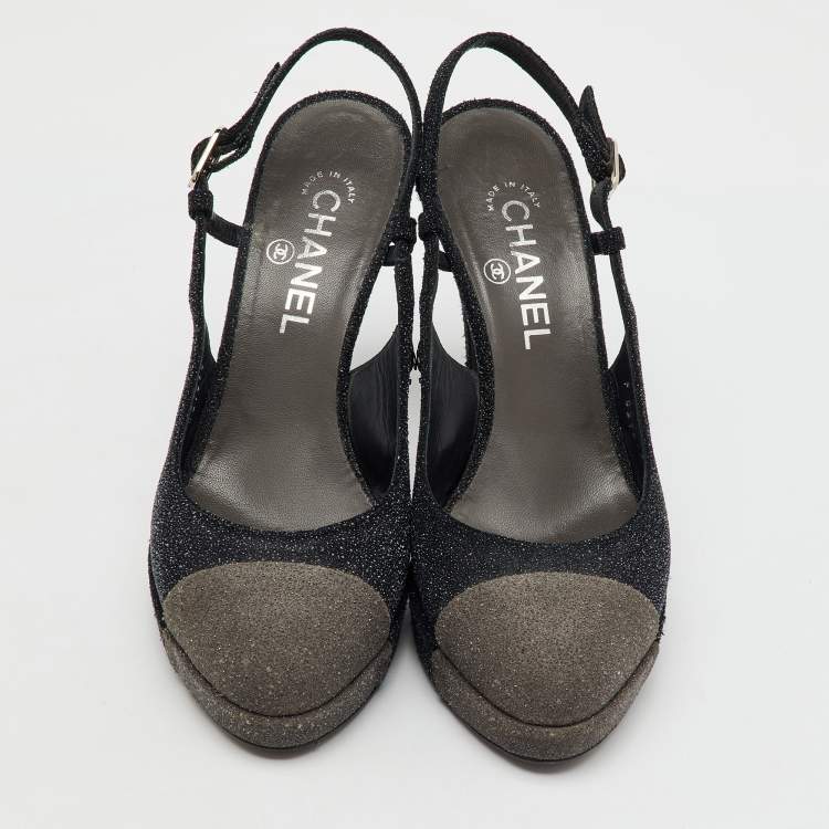 Pre Owned Chanel Black/Grey Glitter CC Cap Toe Slingback Platform Pumps Size 39.5