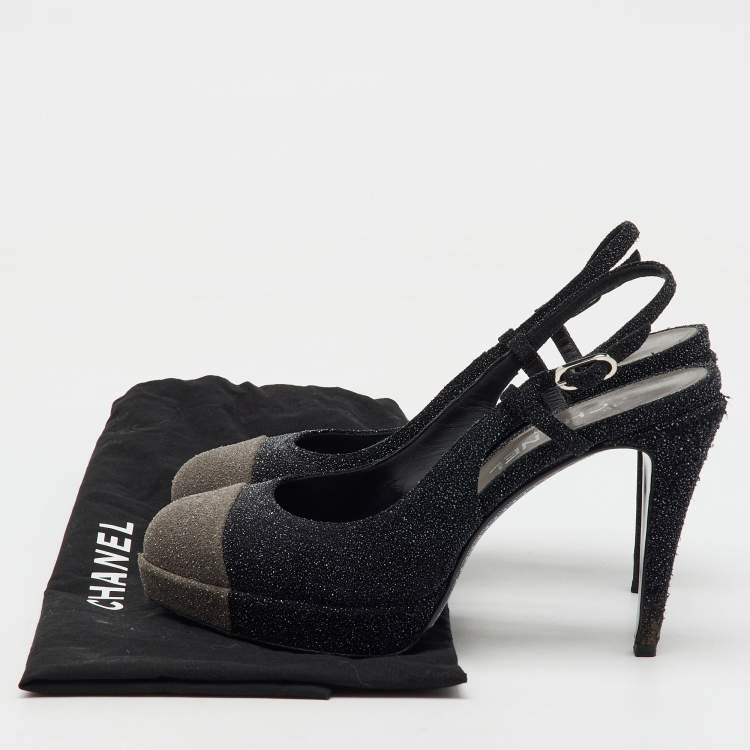 Pre Owned Chanel Black/Grey Glitter CC Cap Toe Slingback Platform Pumps Size 39.5