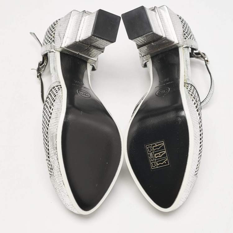 Pre Owned Chanel Silver Laser Cut Leather CC Platform Ankle Strap Pumps Size 38.5 
