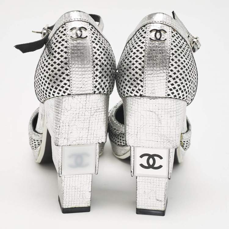 Pre Owned Chanel Silver Laser Cut Leather CC Platform Ankle Strap Pumps Size 38.5 