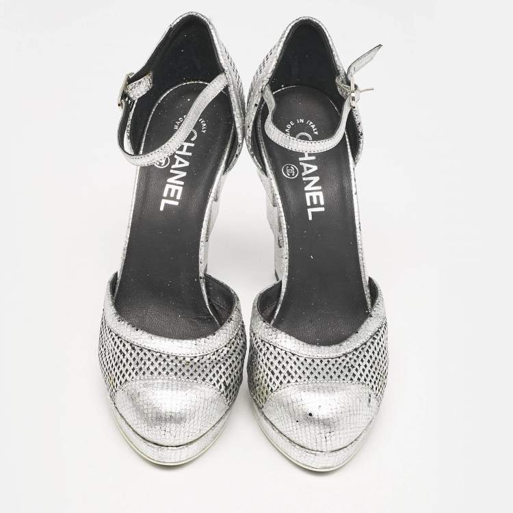 Pre Owned Chanel Silver Laser Cut Leather CC Platform Ankle Strap Pumps Size 38.5 
