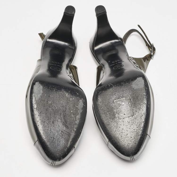 Pre Owned Chanel Grey/Black Patent Cap Toe CC Bow Slingback Pumps Size 39.5