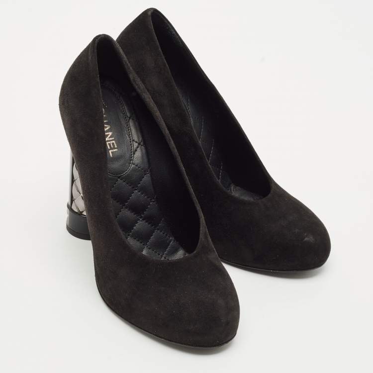 Pre Owned Chanel Black Suede CC Block Heel Platform Pumps Size 36