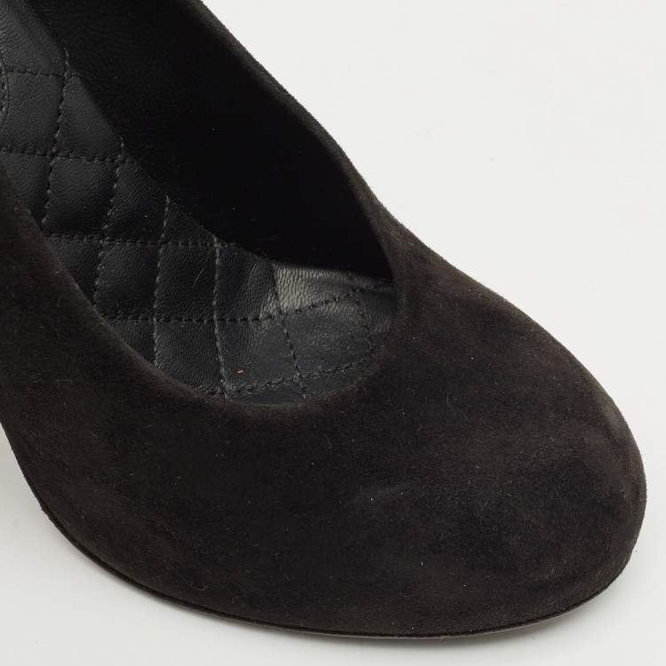Pre Owned Chanel Black Suede CC Block Heel Platform Pumps Size 36