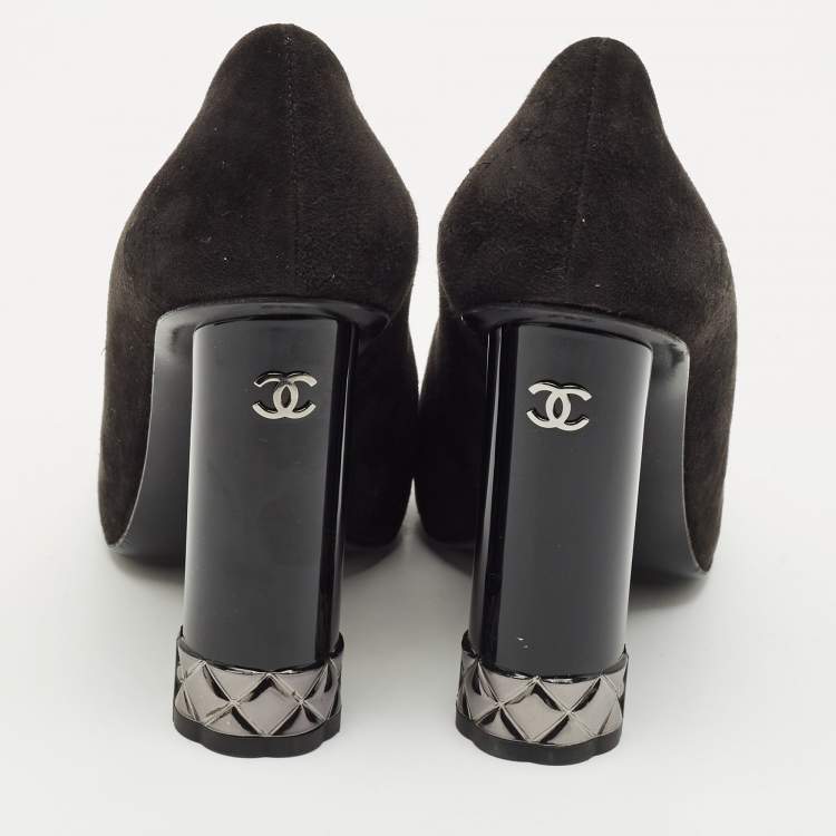Pre Owned Chanel Black Suede CC Block Heel Platform Pumps Size 36