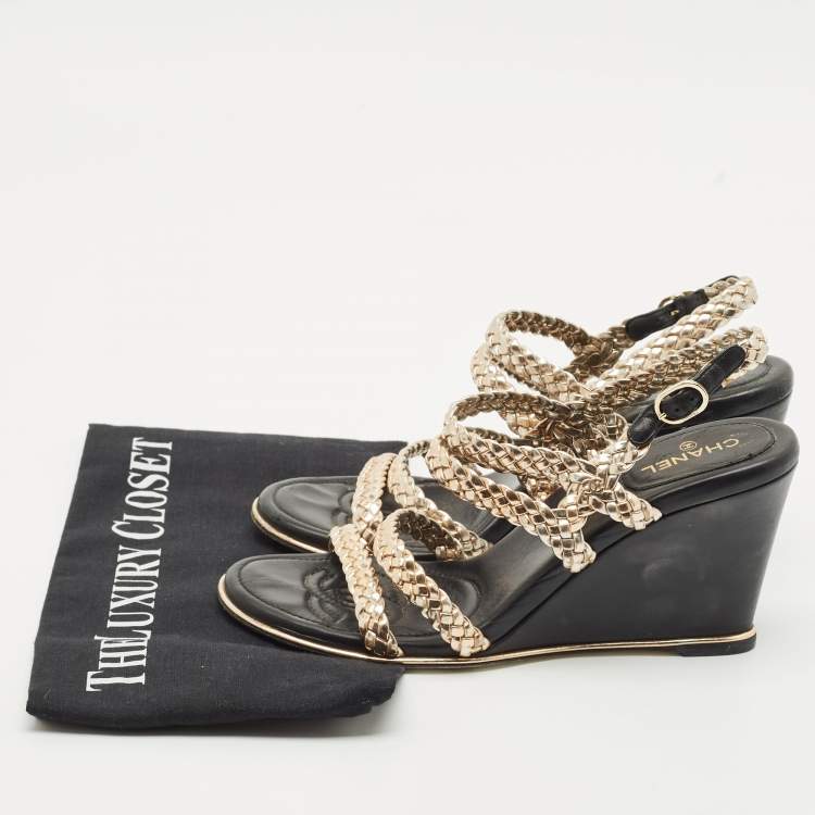 Pre Owned Chanel Metallic Woven Leather Ankle Strap Wedge Sandals Size 37.5
