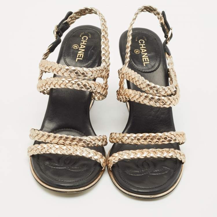 Pre Owned Chanel Metallic Woven Leather Ankle Strap Wedge Sandals Size 37.5