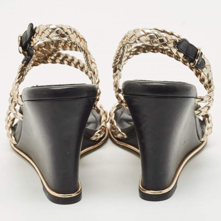 Pre Owned Chanel Metallic Woven Leather Ankle Strap Wedge Sandals Size 37.5