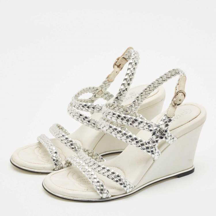 Pre Owned Chanel Silver Woven Leather Ankle Strap Wedge Sandals Size 36.5