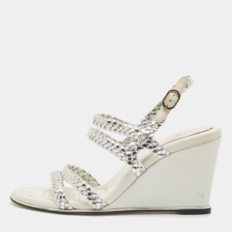 Pre Owned Chanel Silver Woven Leather Ankle Strap Wedge Sandals Size 36.5