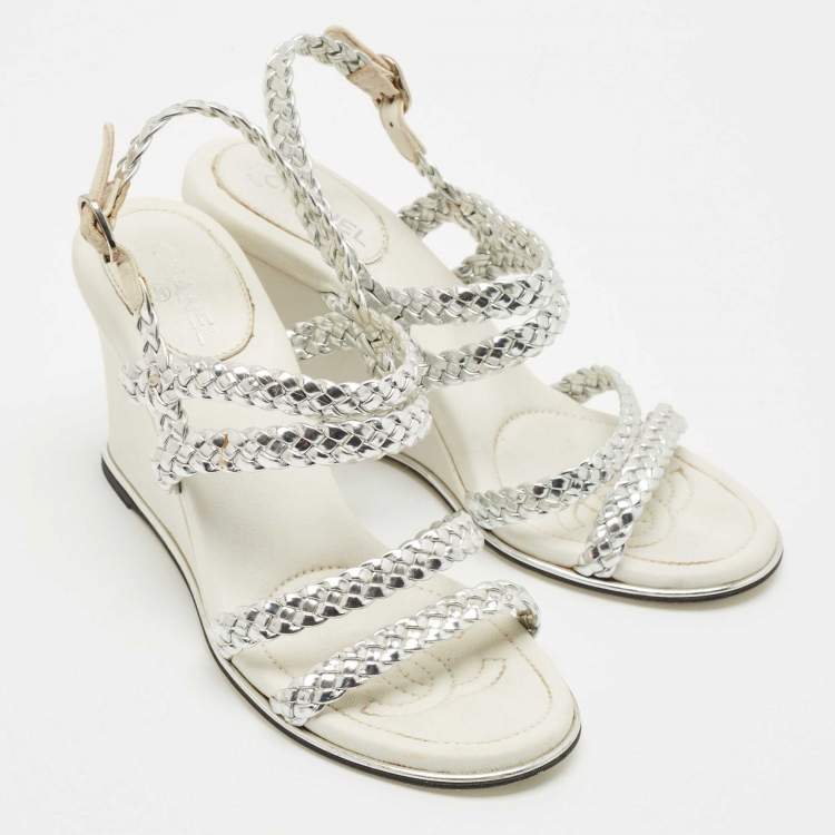 Pre Owned Chanel Silver Woven Leather Ankle Strap Wedge Sandals Size 36.5