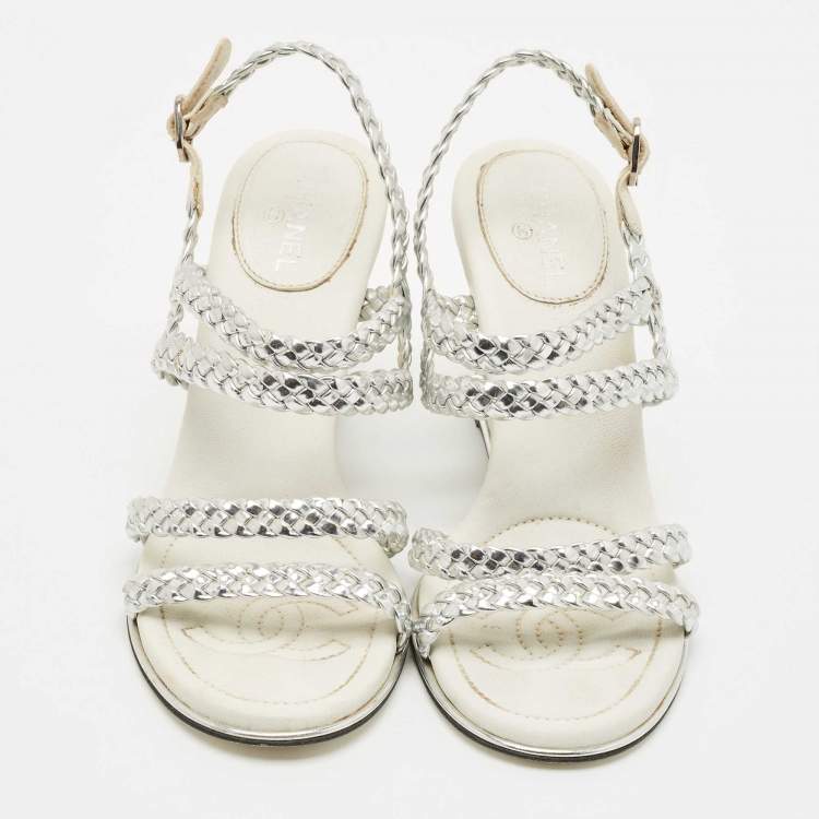Pre Owned Chanel Silver Woven Leather Ankle Strap Wedge Sandals Size 36.5