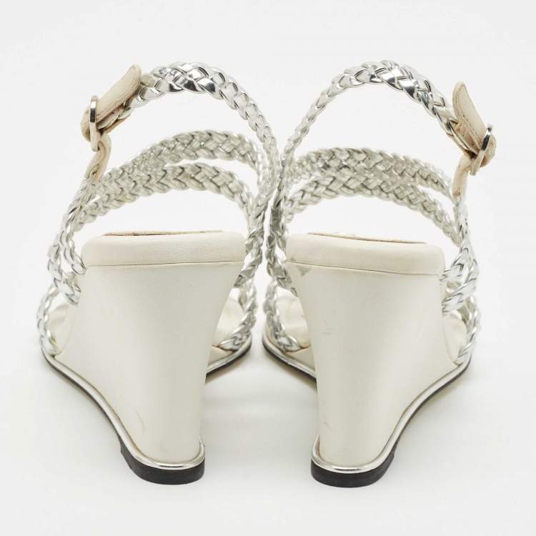 Pre Owned Chanel Silver Woven Leather Ankle Strap Wedge Sandals Size 36.5