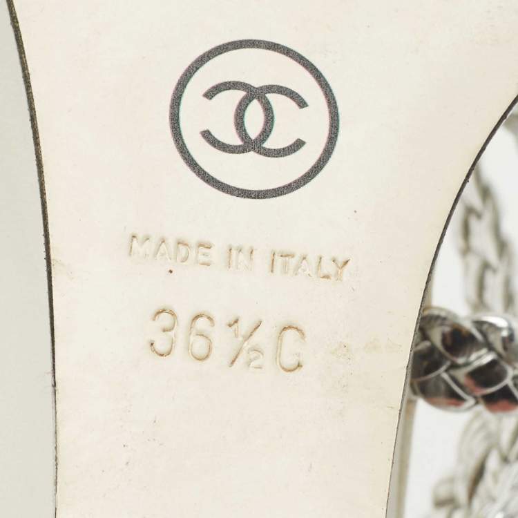 Pre Owned Chanel Silver Woven Leather Ankle Strap Wedge Sandals Size 36.5