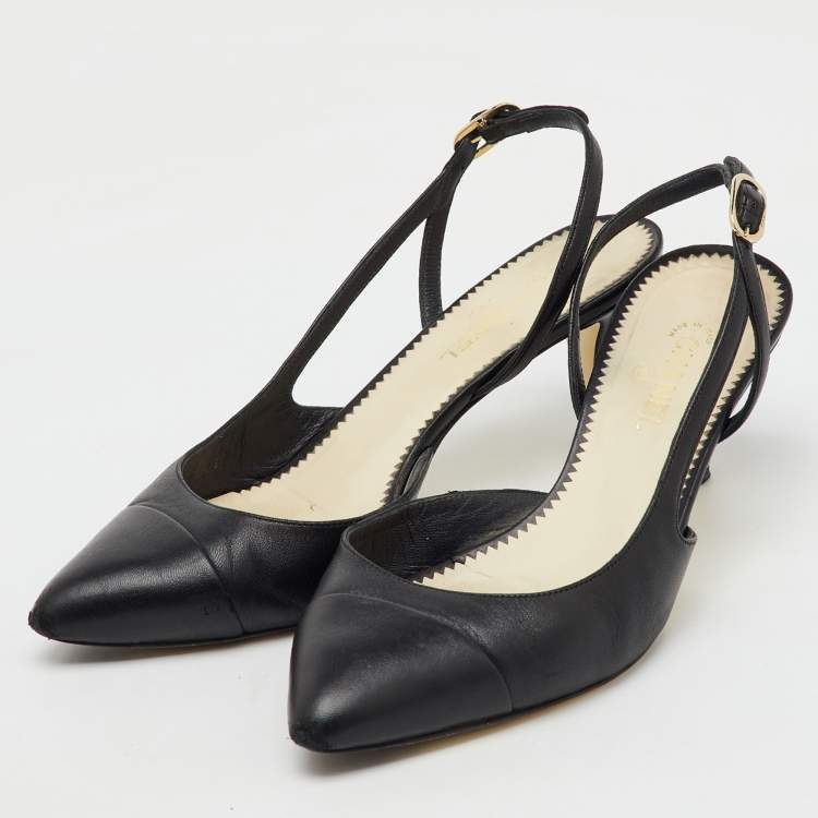 Pre Owned Chanel Black Leather Pointed Toe CC Heel Slingback Pumps Size 37 