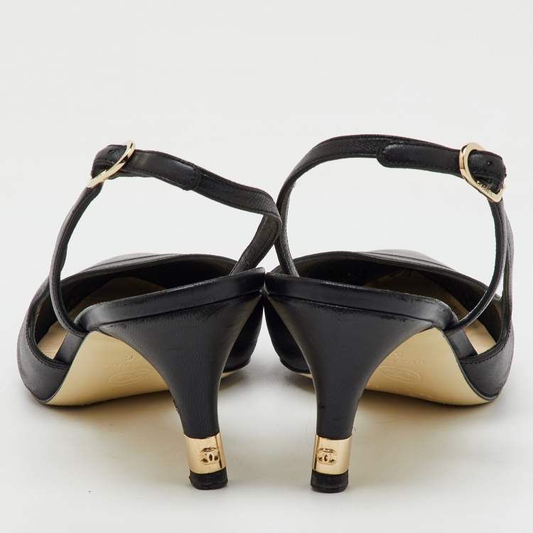 Pre Owned Chanel Black Leather Pointed Toe CC Heel Slingback Pumps Size 37 