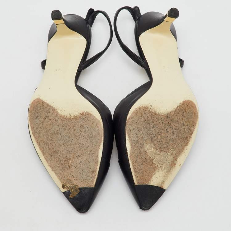 Pre Owned Chanel Black Leather Pointed Toe CC Heel Slingback Pumps Size 37 