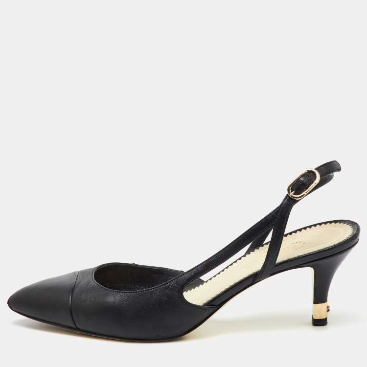 Pre Owned Chanel Black Leather Pointed Toe CC Heel Slingback Pumps Size 37 