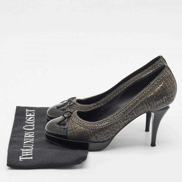 Pre Owned Chanel Black Lurex Fabric and Patent Leather Bow CC Cap Toe Chain Platform Pumps Size 38.5