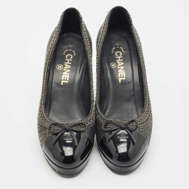 Pre Owned Chanel Black Lurex Fabric and Patent Leather Bow CC Cap Toe Chain Platform Pumps Size 38.5