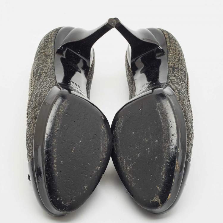 Pre Owned Chanel Black Lurex Fabric and Patent Leather Bow CC Cap Toe Chain Platform Pumps Size 38.5