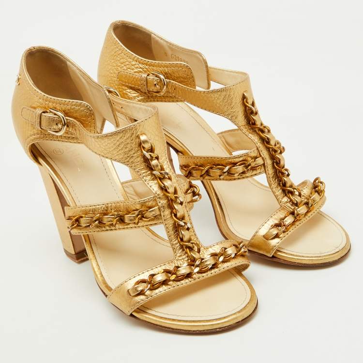 Pre Owned Chanel Metallic Gold Leather Strappy Chain Link Detail CC Sandals Size 39